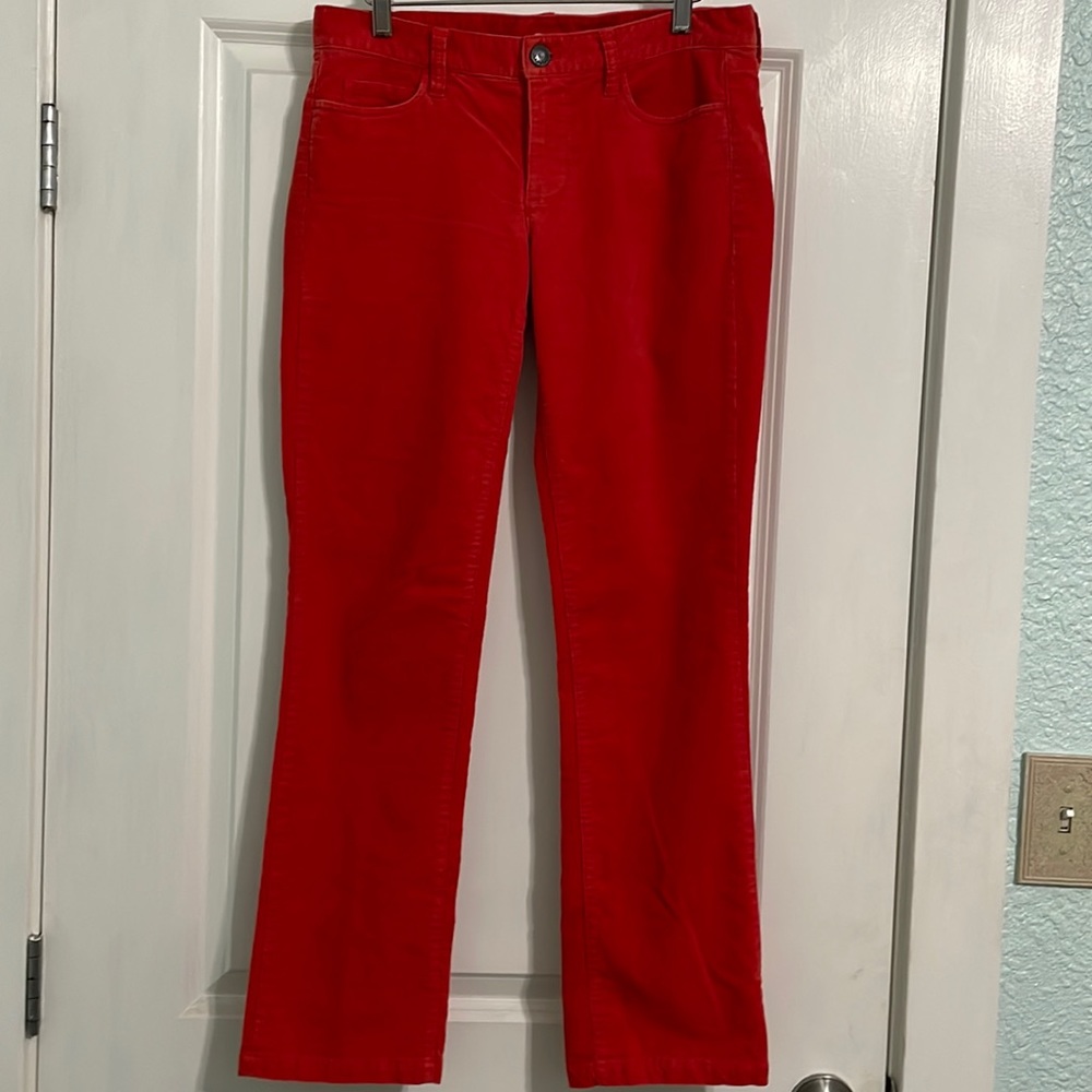 J. Crew ladies Matchstick cord pants in a fall burnt orange hue.